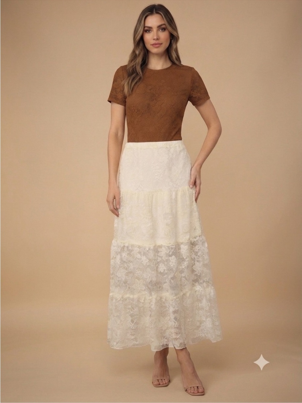 Vigoss Ivory Crochet Tiered Cottagecore Boho Maxi Skirt